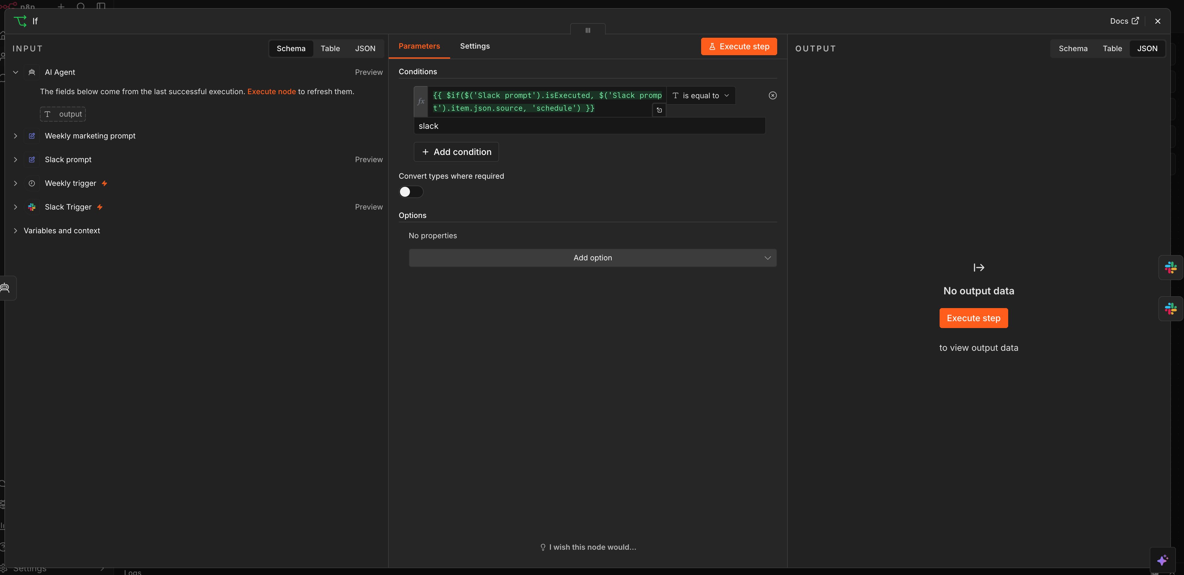 n8n IF node configuration showing the routing condition that checks whether the Slack prompt was executed